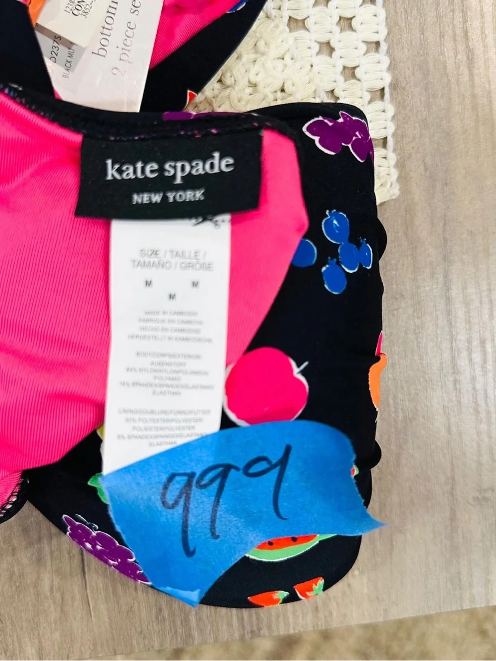 kate spade Black Bandeau Bikini with Multicolor Fruit Print size M